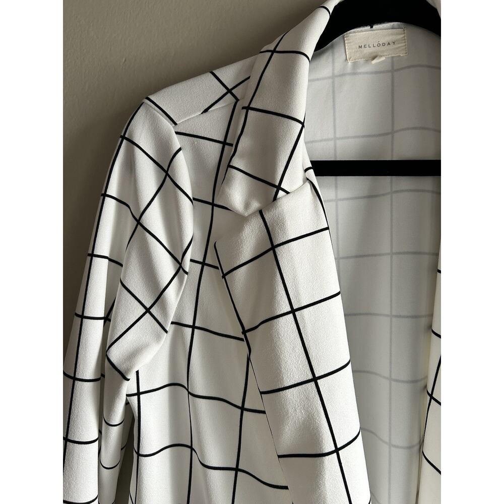 Melloday Plaid Open Front Over Coat Duster Jacket White Black S, Mid-Length - Picture 3 of 11